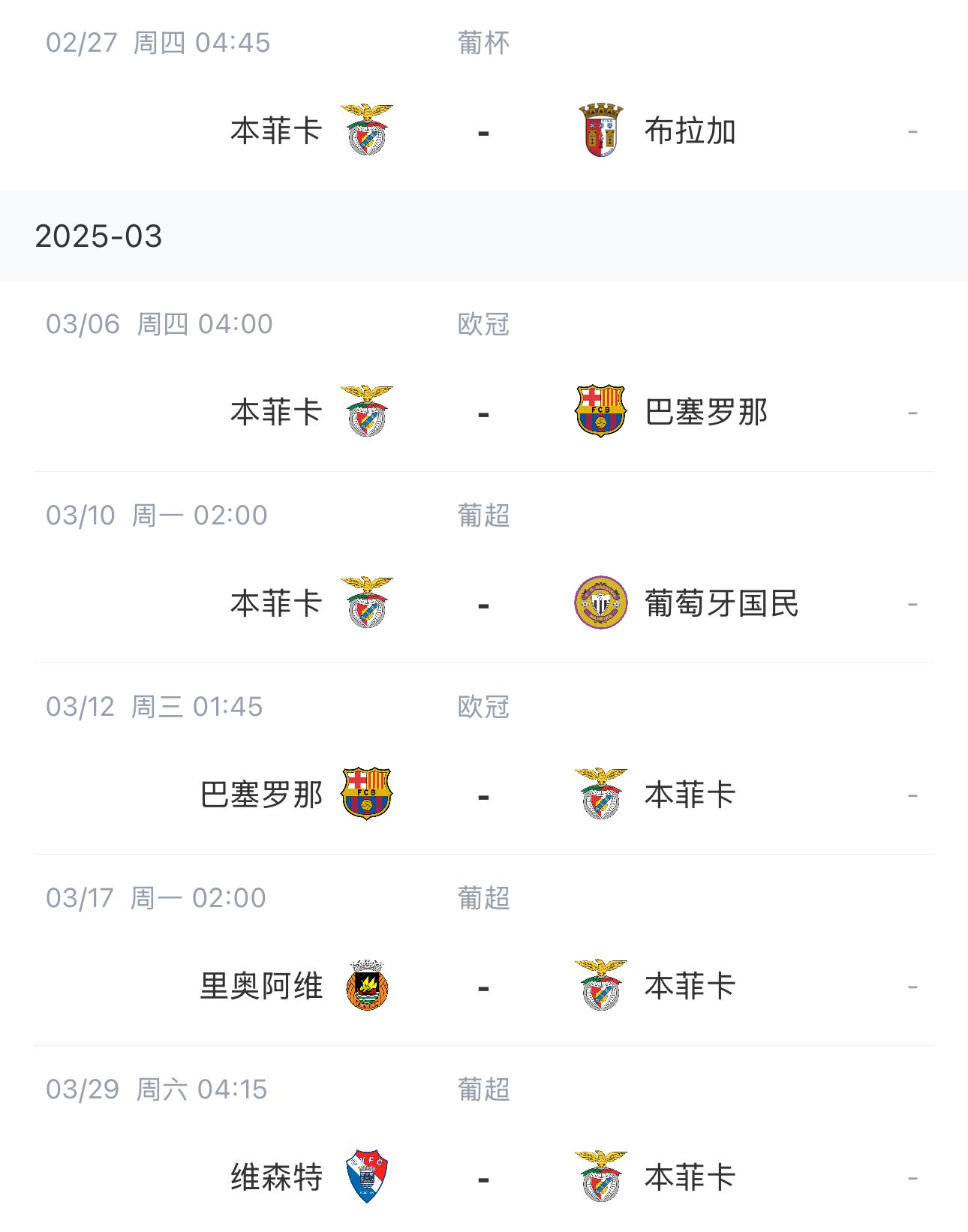  讓路歐冠！本菲卡戰(zhàn)巴薩首回合比賽前的葡超比賽推遲進(jìn)行