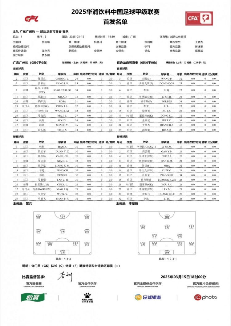  廣州豹vs延邊龍鼎首發(fā)：卡洛斯、羅薩、尼康三外援領(lǐng)銜廣州豹