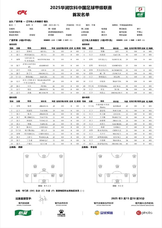  中甲-廣西平果vs遼寧鐵人首發(fā)：三外援對(duì)決三外援，安以恩出戰(zhàn)