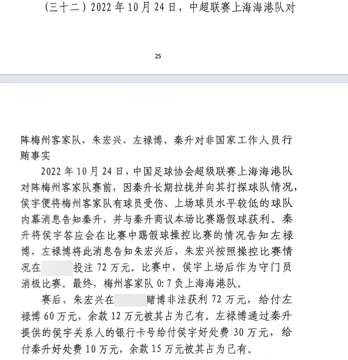  網(wǎng)傳判決書(shū)：梅州0-7海港，梅州守門(mén)員侯宇收30萬(wàn)好處費(fèi)消極比賽