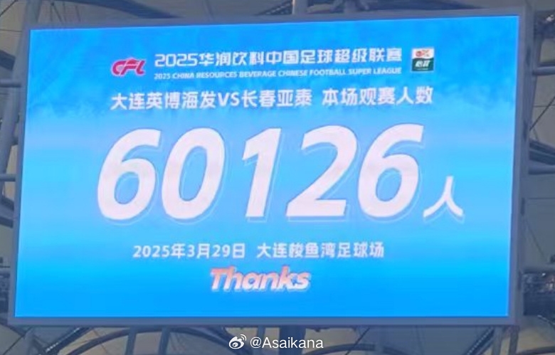  大連英博和長春亞泰吸引60126名觀眾現(xiàn)場觀戰(zhàn)，中超歷史排名第二